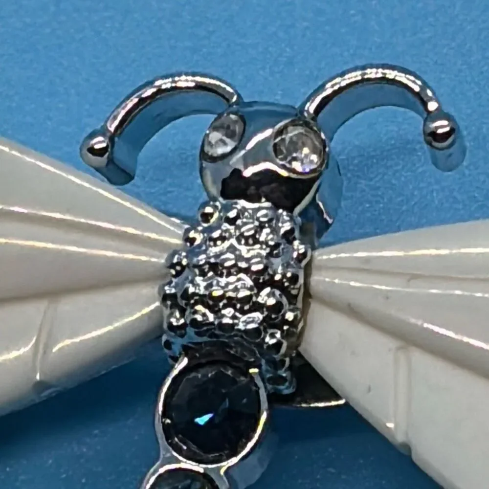 Vtg Joan Rivers Dragonfly pin brooch silver white opal wings crystal body +box